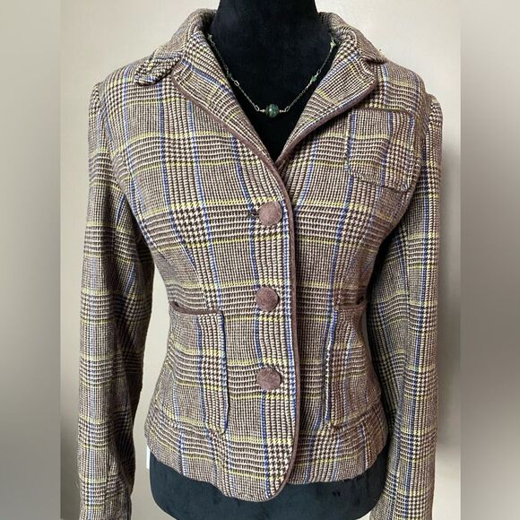 AMERICAN EAGLE vintage brown plaid blazer tweed wool cotton blend jacket M EUC - Picture 1 of 14